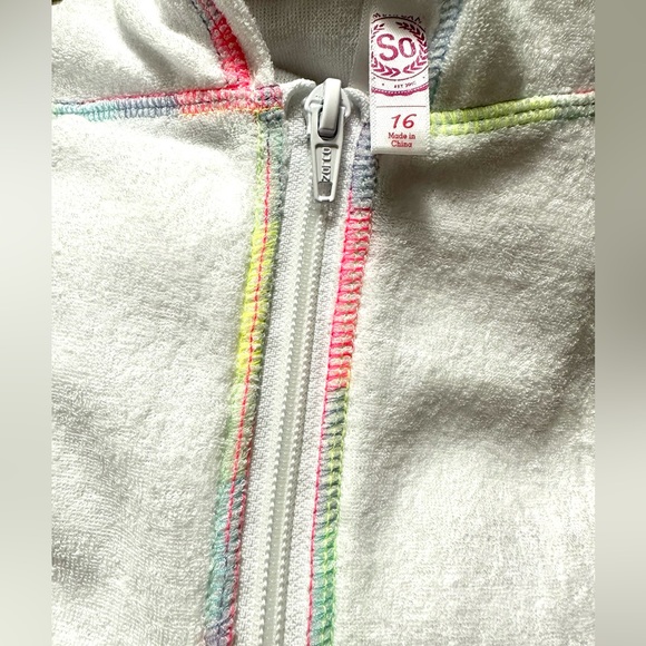 NWOT SO terry cloth cover up size 16 runs small zipper pockets neon stitching - Picture 3 of 3